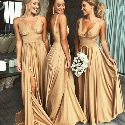 Sexy ärmelloses Brautjungfernkleid mit V-Ausschnitt | Brautjungfernkleider mit geteiltem V-Ausschnitt, lang, für Frauen, die ein formelles Kleid in einer Linie heiraten_3