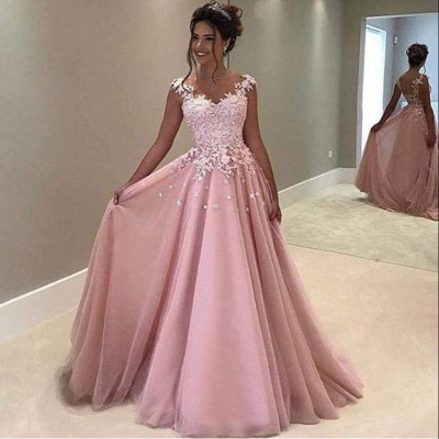 Pink Appliques A-Line Gorgeous Cap-Sleeves V-Neck Lace Prom Dress_3