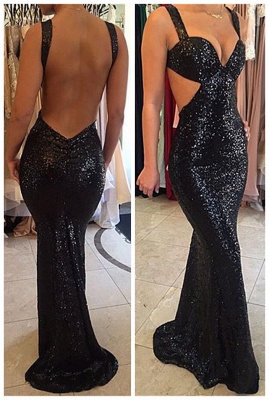 Black Straps Sweep-Train Mermaid Sexy Backless Prom Dresses_2