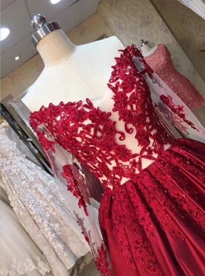 Puffy Long Sleeve Off The Shoulder Red Lace Appliques Long Prom Dresses  BA5004_3