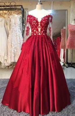 Puffy Long Sleeve Off The Shoulder Red Lace Appliques Long Prom Dresses  BA5004_2