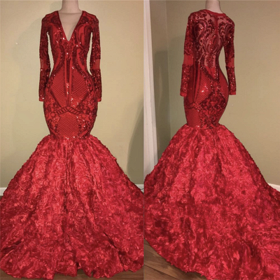 Robe de bal florale sirène col en v et appliques scintillantes | Robe rouge de luxe à manches longues pour le bal 2021_3