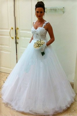 Straps Lace Top Puffy Tulle Wedding Dress Ball Gown Sleeveless Bridal Gowns_3