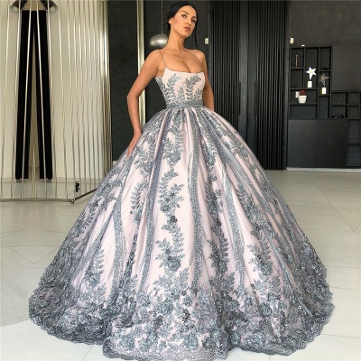 Spaghetti Straps Silver Grey Lace Appliques Formal Dresses | Luxury Princess Ball Gowns Prom Dress  BC0407_3