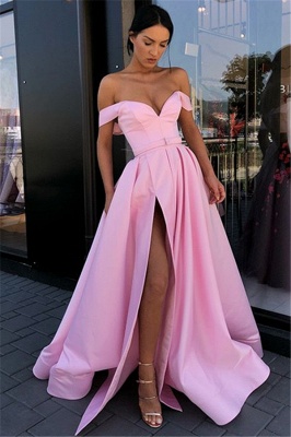 Candy Pink Sexy Side Slit Prom Dresses | Off The Shoulder Long Formal Evening Gowns_3