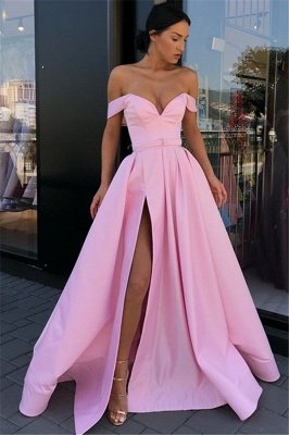 Candy Pink Sexy Side Slit Prom Dresses | Off The Shoulder Long Formal Evening Gowns_1