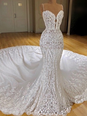 Latest Lace  Mermaid Wedding Dresses  Online | Sexy Spaghetti Straps Lace Appliques Bridal Gowns_1