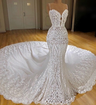 Latest Lace  Mermaid Wedding Dresses  Online | Sexy Spaghetti Straps Lace Appliques Bridal Gowns_3