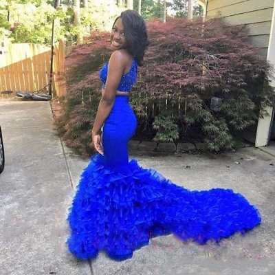 Royal Blue Two Pieces Mermaid Prom DressesHigh Neck Tiered Sleeveless Evening Dresses with Beadings SK0131_3