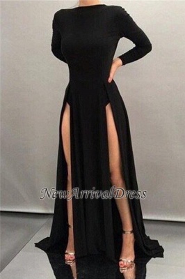 Sleeves Long Black Front-splits Sheath Sexy High-neck Evening Dresses BA4319_1