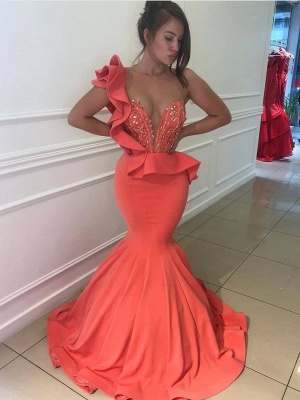 One-Shoulder Sexy Mermaid Prom Dresses | Ruffles Crystals Long Evening Dresses_1