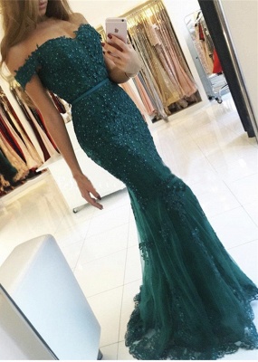 Dark Green Charming Mermaid Evening Gowns Off-the-Shoulder Lace AppliquesProm Dress AN0_3