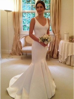 Open Back Elegant V-Neck Sleeveless Mermaid Wedding Dresses_2