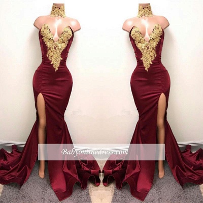Front-Split High Neck Mermaid Burgundy Lace Appliques Prom Dresses  SP0326_1