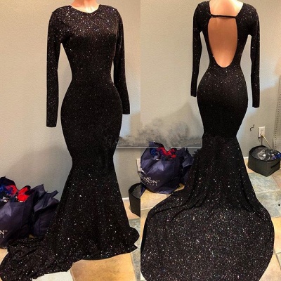 Sparkling Black Long Prom Kleider Günstig für Junior | Langärmlige formelle Abendkleider der Meerjungfrau mit offenem Rücken BA9023_3