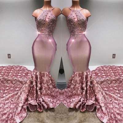 Hermosos vestidos de fiesta de sirena de flores rosadas | Vestido de noche sin mangas halter BA7797_4