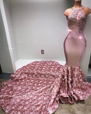 Gorgeous Pink Flowers Mermaid Prom Dresses | Halter Sleeveless Evening Gown BA7797_3