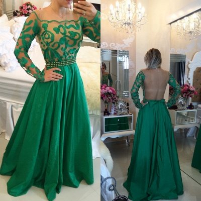 Beautiful Green Long Sleeve Prom DressA-Line With Pearls BT0_3
