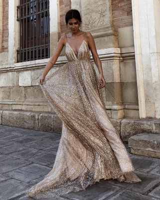 Glamorous Sequins A-Line Long Prom Gowns | 2021 Spaghetti Straps V-Neck Evening Dress_4