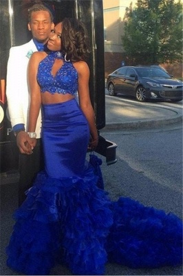Royal Blue Two Pieces Mermaid Prom DressesHigh Neck Tiered Sleeveless Evening Dresses with Beadings SK0131_1