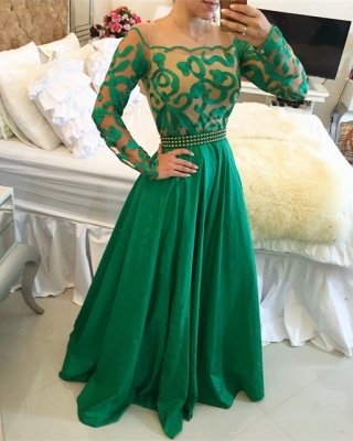 Beautiful Green Long Sleeve Prom DressA-Line With Pearls BT0_1