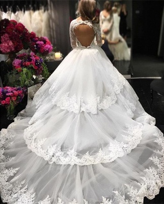 Trois couches à manches longues pas cher en ligne nouvelle arrivée dentelle appliques délicates robes de mariée élégantes robe de bal_3