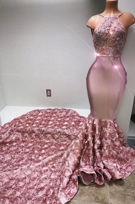 Gorgeous Pink Flowers Mermaid Prom Dresses | Halter Sleeveless Evening Gown BA7797_1