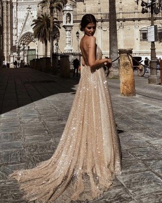 Glamorous Sequins A-Line Long Prom Gowns | 2021 Spaghetti Straps V-Neck Evening Dress_3