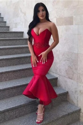 Gorgeous Mermaid Sweetheart Prom Dress | Strapless Appliques Red Tea-Length Evening Gowns_1