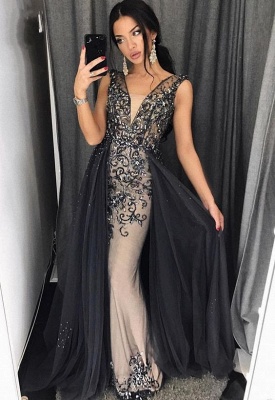 Modernes schwarzes Ballkleid aus Spitze | Ballkleid mit V-Ausschnitt_1