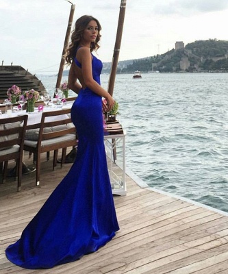 Neueste Royal Blue Mermaid ärmelloses langes Sweep-Zug-Abschlussballkleid_3