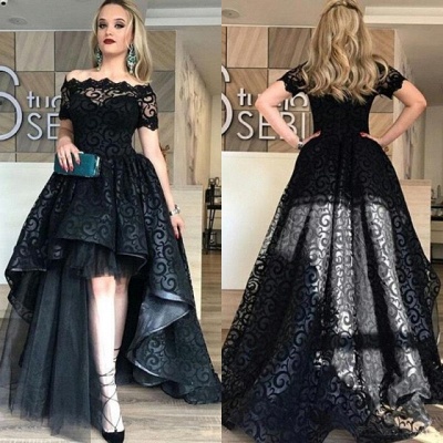 Black Short-Sleeve Lace Hi-Lo Sexy Prom Dress_4