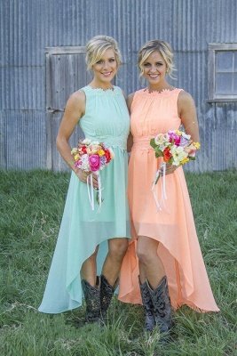 A-Line Mint Chiffon Bridesmaid Dresses Appliques Hi-Lo Prom Dresses_4