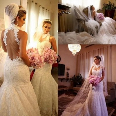 Sexy Mermaid Wedding Dresses  Online  High Neck Grace Full Lace See Through Back vestidos de novia_5