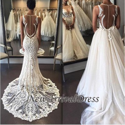 Lace Illusion Detachable Train Delicate Custom Made Sleeveless Wedding Dresses  Online_1