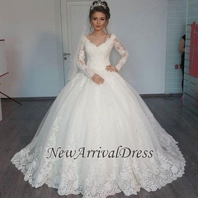 Long Sleeve Tulle V-Neck Elegant Vintage Lace Ball Gown Wedding Dresses  Online_1