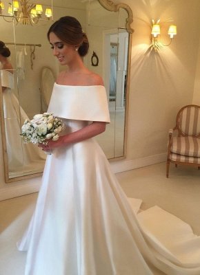 Simple Off The Shoulder A-line Wedding Dresses | Elegant White Satin Bridal Gowns_1