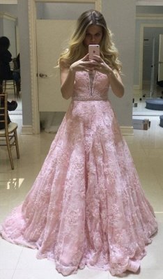 Pink V-neck Long Lace Sheer Fashion A-line Evening Dresses_2