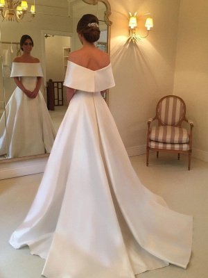 Einfache schulterfreie Brautkleider in A-Linie | Elegante weiße Satin Brautkleider_3