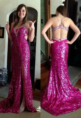 Gorgeous Sequined Spaghetti Strap Sleeveless Front Split Prom Dress_1