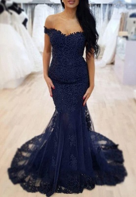 Elegant Mermaid Lace Dark Navy Prom Dresses | Off-the-Shoulder Sleeveless Evening Gowns_1