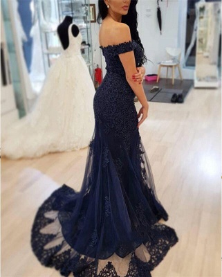 Elegant Mermaid Lace Dark Navy Prom Dresses | Off-the-Shoulder Sleeveless Evening Gowns_3