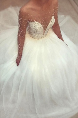 Sheer Tüll Perlen Pailletten Brautkleid mit Ärmeln | Puffy Tulle Sexy Sparkly Brautkleider 2021_1
