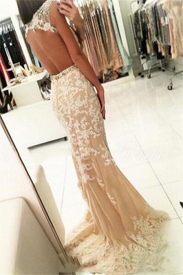 Short Sleeve Mermaid Lace Long Beads Crystals Prom Dress_3