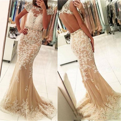 Short Sleeve Mermaid Lace Long Beads Crystals Prom Dress_4
