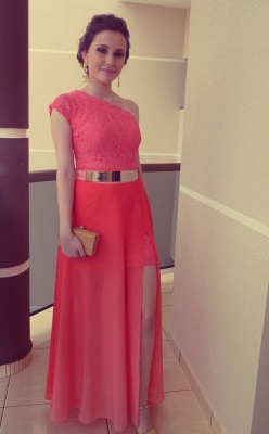 Lace Chiffon Side Slit Prom Dresses One Shoulder Gold Belt Floor Length Evening Gowns_2