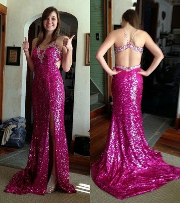 Gorgeous Sequined Spaghetti Strap Sleeveless Front Split Prom Dress_3