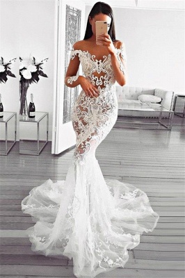 Superbes robes de mariée sirène à épaules dénudées | Appliques à manches longues robes de mariée transparentes_1
