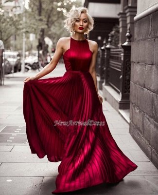 Sheath Jewel Sleeveless Pleats Dresses Length Burgundy Floor Evening Dresses_1