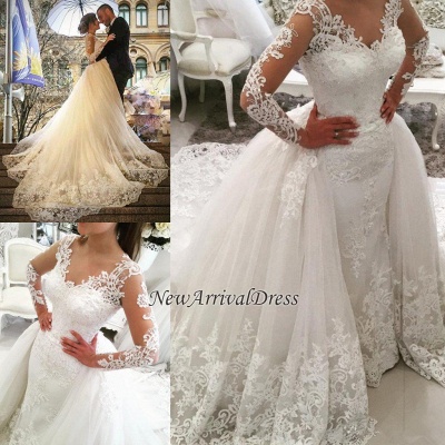 Sexy V-Neck Tulle Long Sleeve Lace Appliques Detachable Overskirt Wedding Dresses_1